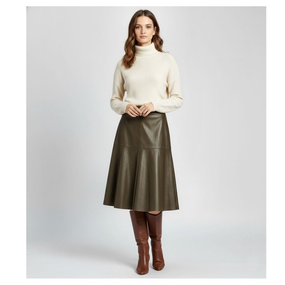 JOA Ripple in Time Olive Green Vegan Leather Midi Skirt, Womens Size XS